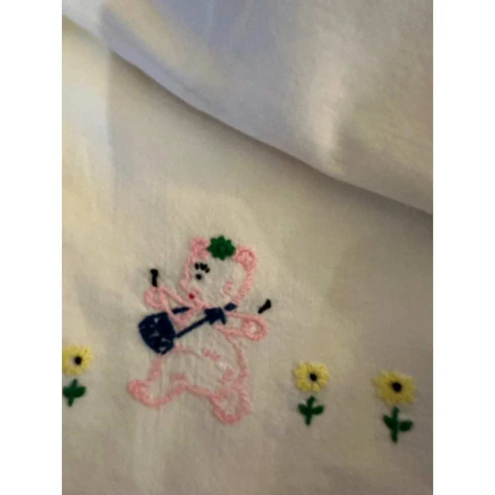 Vintage Hand Embroidered Baby‎ Crib Flat Sheet –Bear Band Parade 31